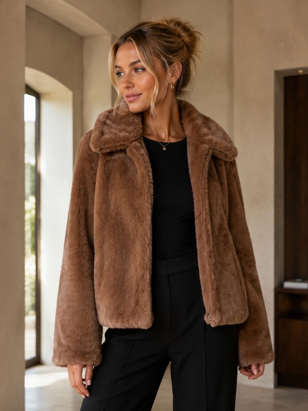 Steve Madden Brown Faux Fur Zip Jacket Women’s Medium